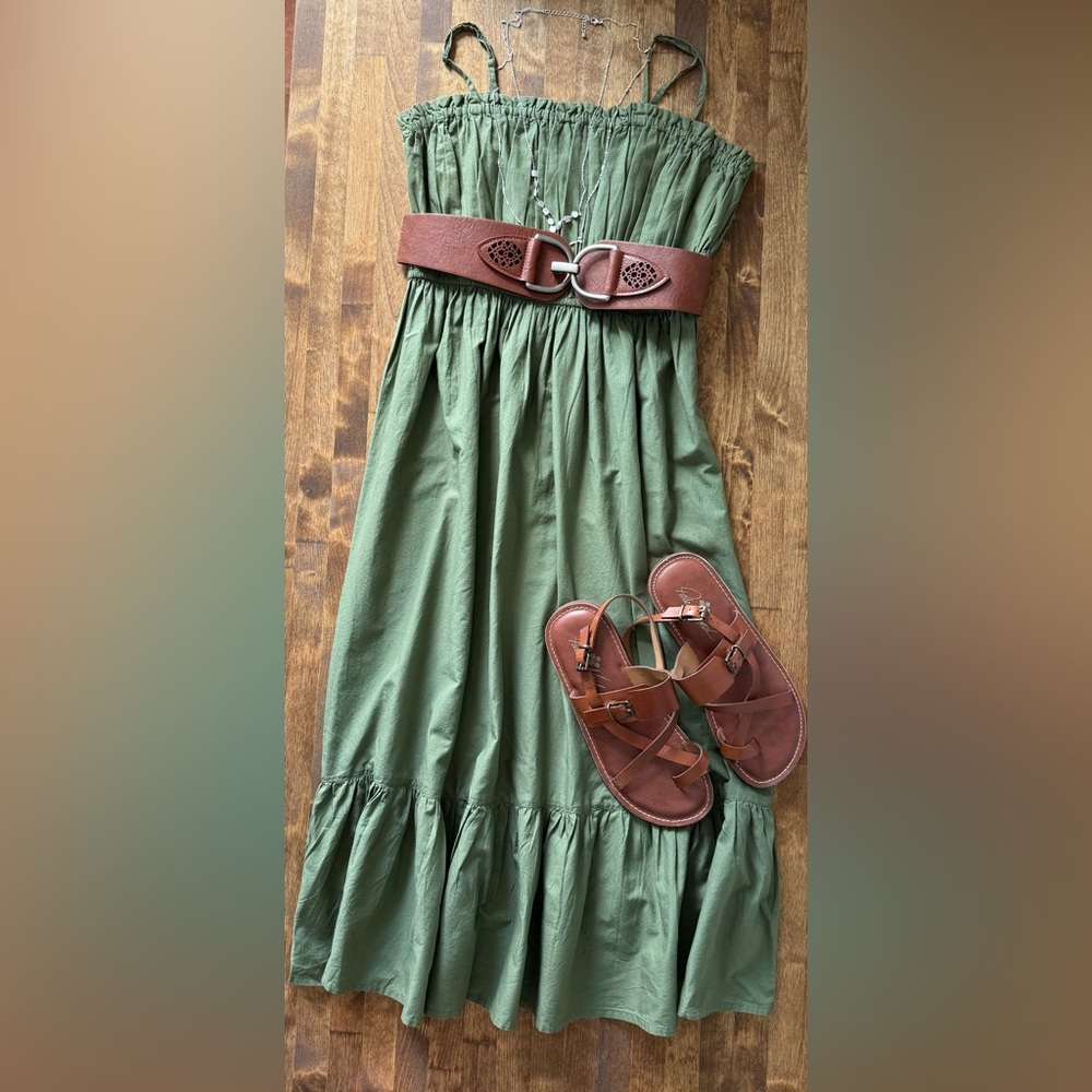 Dizzy Lizzie Olive Green Boho Midi Dress Ruched Bodice Size L NWOT - Picture 3 of 4